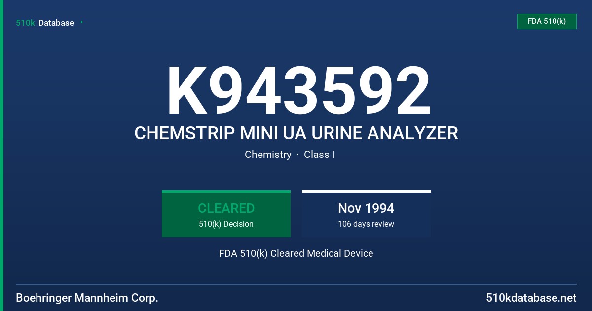 K943592 CHEMSTRIP MINI UA URINE ANALYZER FDA 510(k) Cleared Medical Device
