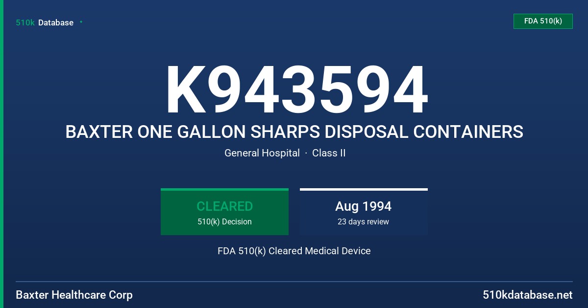 K943594 BAXTER ONE GALLON SHARPS DISPOSAL CONTAINERS FDA 510(k) Cleared Medical Device