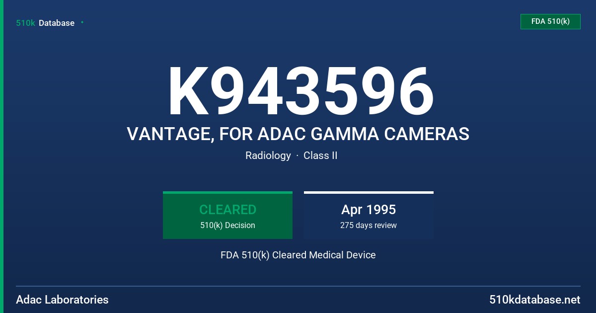 K943596 VANTAGE, FOR ADAC GAMMA CAMERAS FDA 510(k) Cleared Medical Device