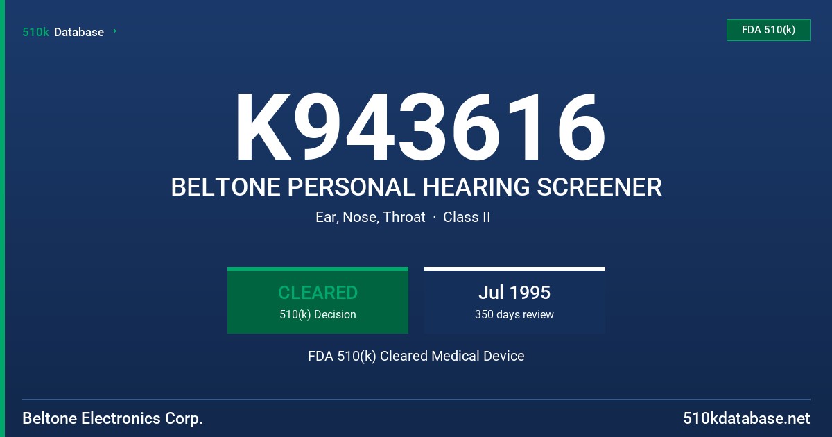 K943616 BELTONE PERSONAL HEARING SCREENER FDA 510(k) Cleared Medical Device