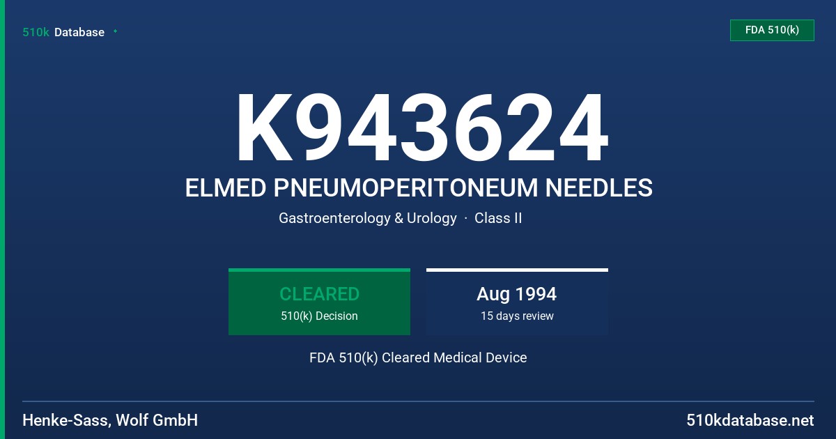 K943624 ELMED PNEUMOPERITONEUM NEEDLES FDA 510(k) Cleared Medical Device