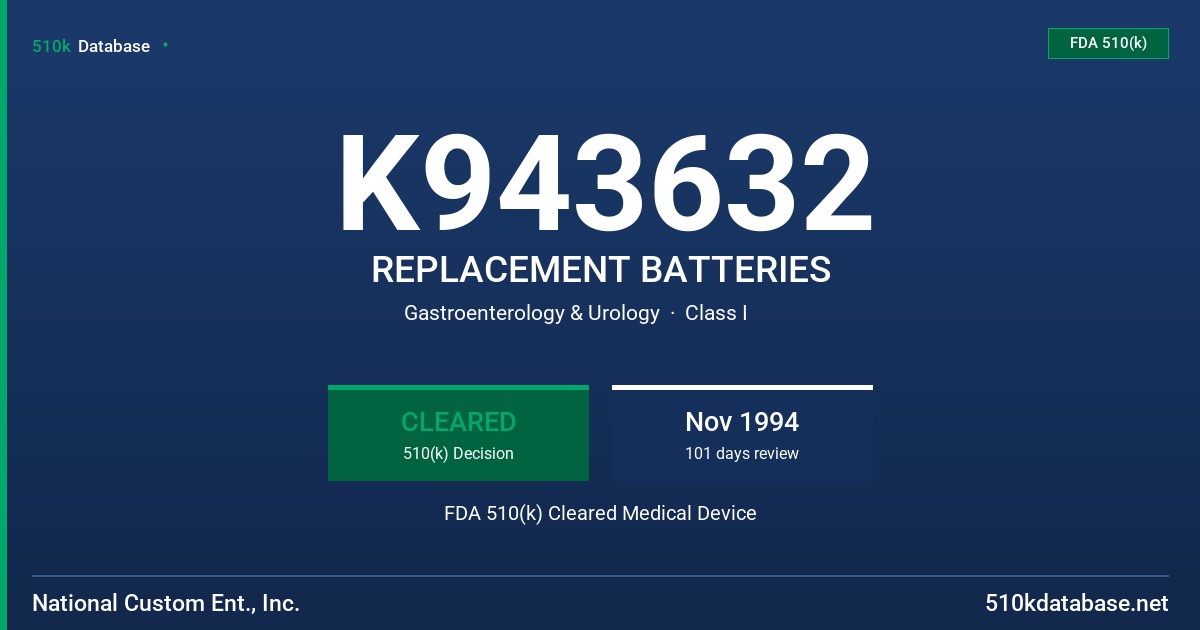 K943632 REPLACEMENT BATTERIES FDA 510(k) Cleared Medical Device