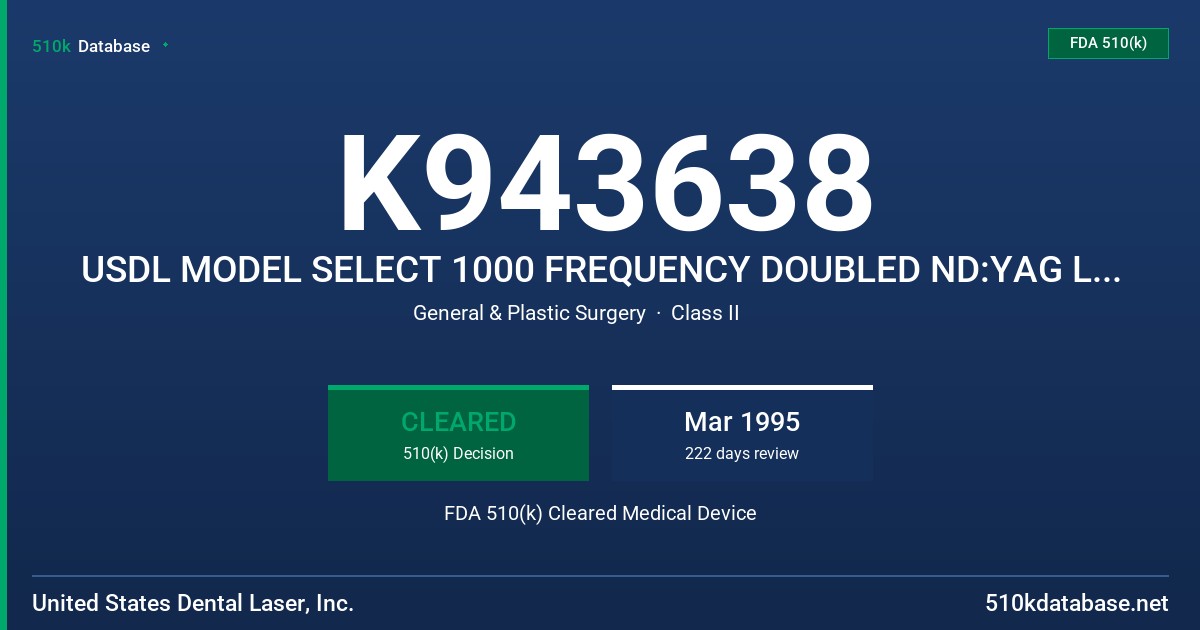 K943638 USDL MODEL SELECT 1000 FREQUENCY DOUBLED ND:YAG LASER SYSTEM FDA 510(k) Cleared Medical Device