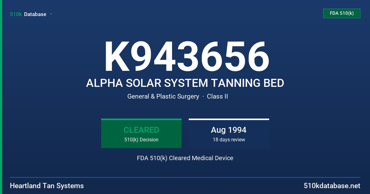 K943656 ALPHA SOLAR SYSTEM TANNING BED FDA 510(k) Cleared Medical Device