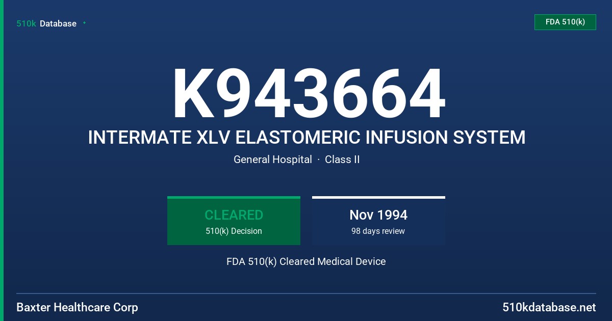 K943664 INTERMATE XLV ELASTOMERIC INFUSION SYSTEM FDA 510(k) Cleared Medical Device