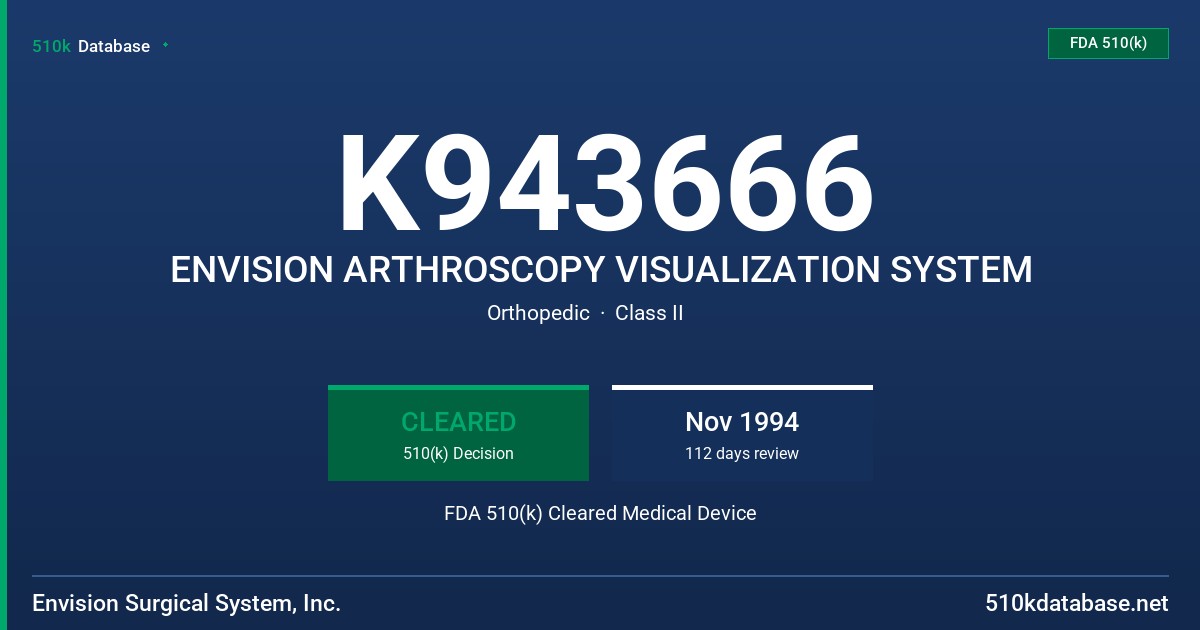 K943666 ENVISION ARTHROSCOPY VISUALIZATION SYSTEM FDA 510(k) Cleared Medical Device