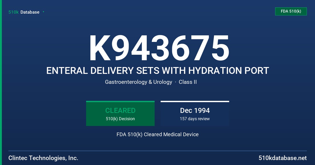 K943675 ENTERAL DELIVERY SETS WITH HYDRATION PORT FDA 510(k) Cleared Medical Device