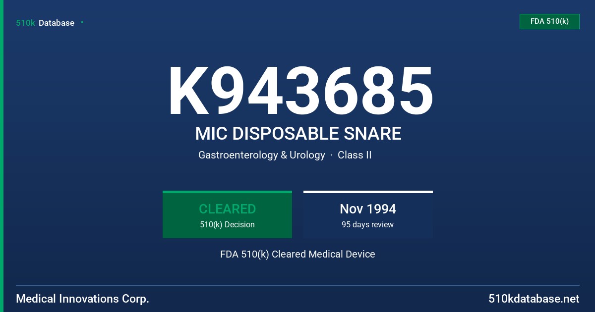 K943685 MIC DISPOSABLE SNARE FDA 510(k) Cleared Medical Device