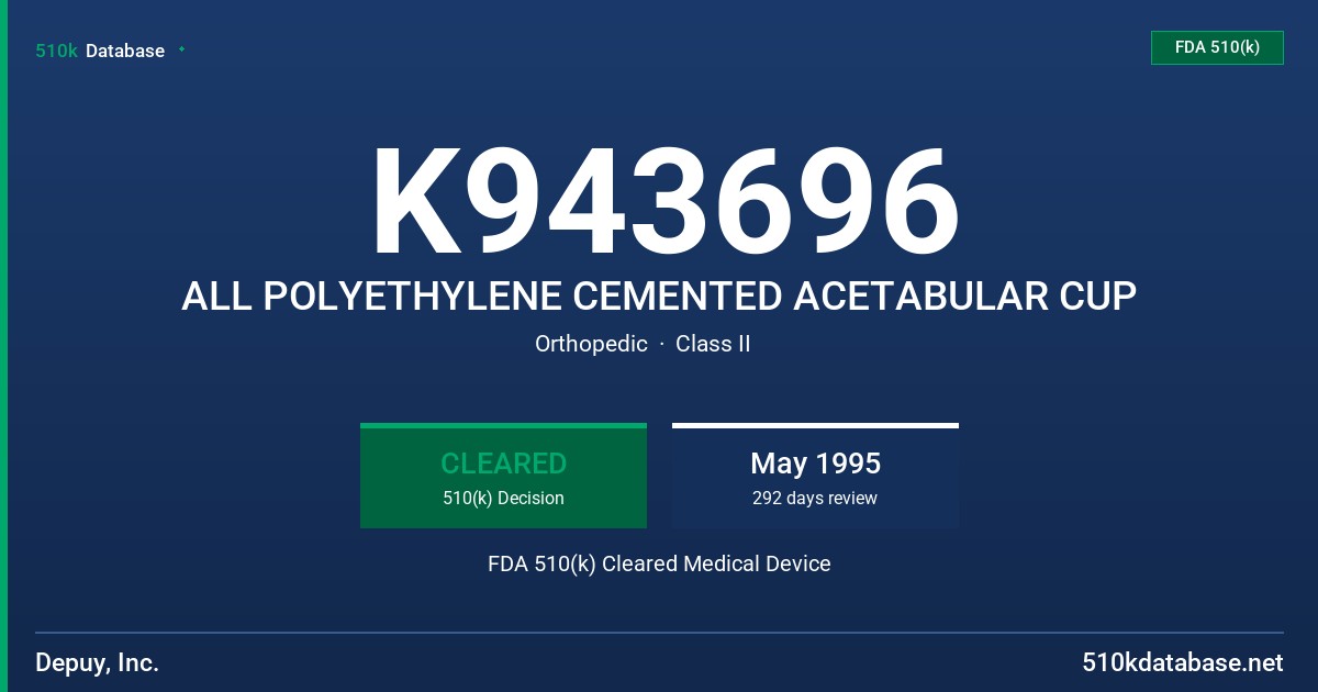 K943696 ALL POLYETHYLENE CEMENTED ACETABULAR CUP FDA 510(k) Cleared Medical Device