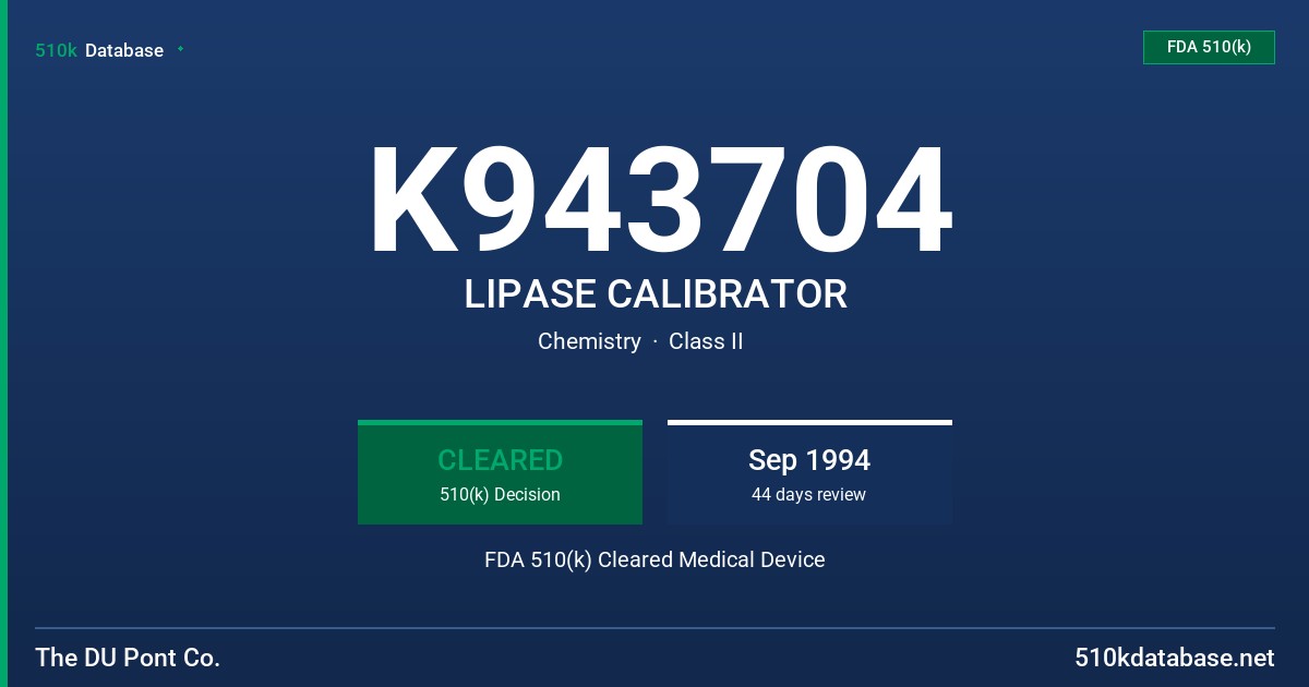 K943704 LIPASE CALIBRATOR FDA 510(k) Cleared Medical Device