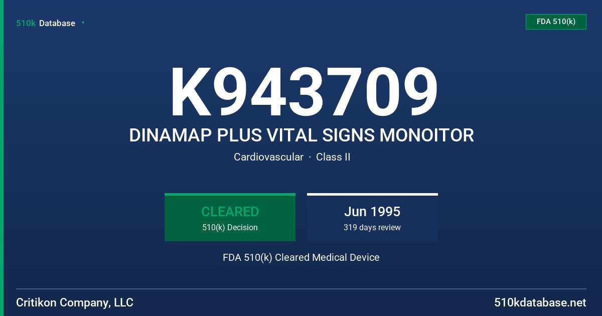 K943709 DINAMAP PLUS VITAL SIGNS MONOITOR FDA 510(k) Cleared Medical Device
