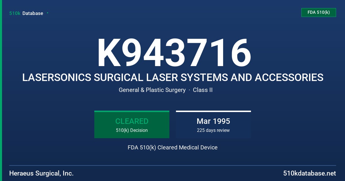 K943716 LASERSONICS SURGICAL LASER SYSTEMS AND ACCESSORIES FDA 510(k) Cleared Medical Device
