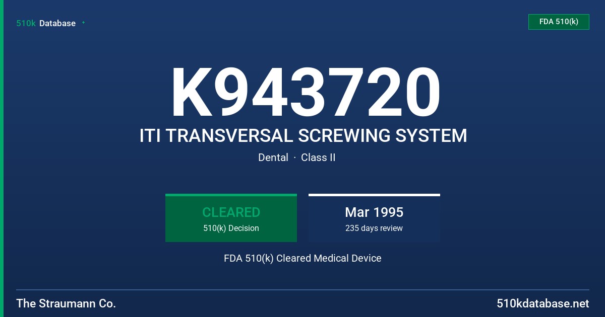 K943720 ITI TRANSVERSAL SCREWING SYSTEM FDA 510(k) Cleared Medical Device