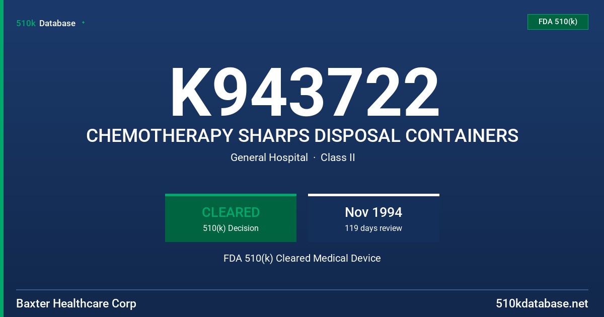 K943722 CHEMOTHERAPY SHARPS DISPOSAL CONTAINERS FDA 510(k) Cleared Medical Device