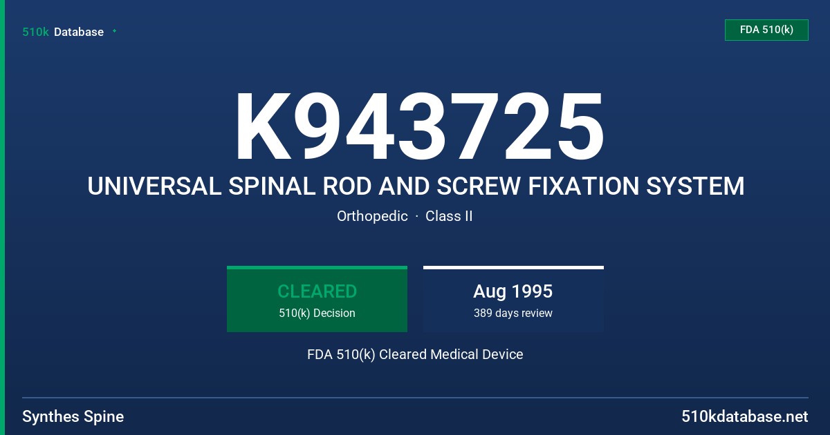 K943725 UNIVERSAL SPINAL ROD AND SCREW FIXATION SYSTEM FDA 510(k) Cleared Medical Device