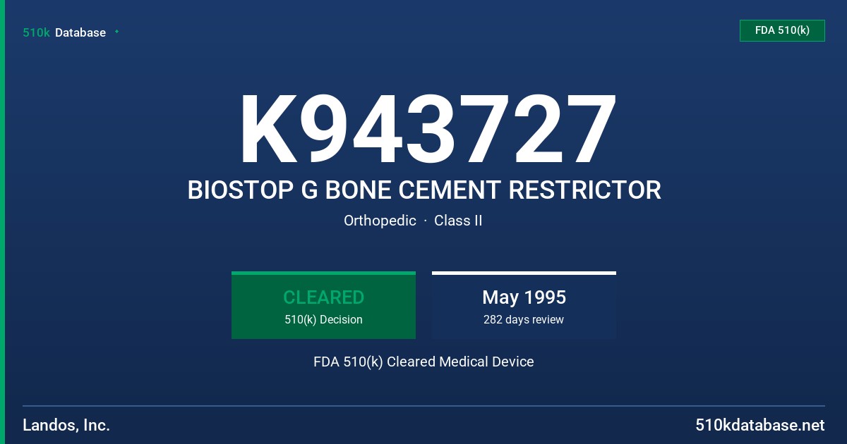 K943727 BIOSTOP G BONE CEMENT RESTRICTOR FDA 510(k) Cleared Medical Device