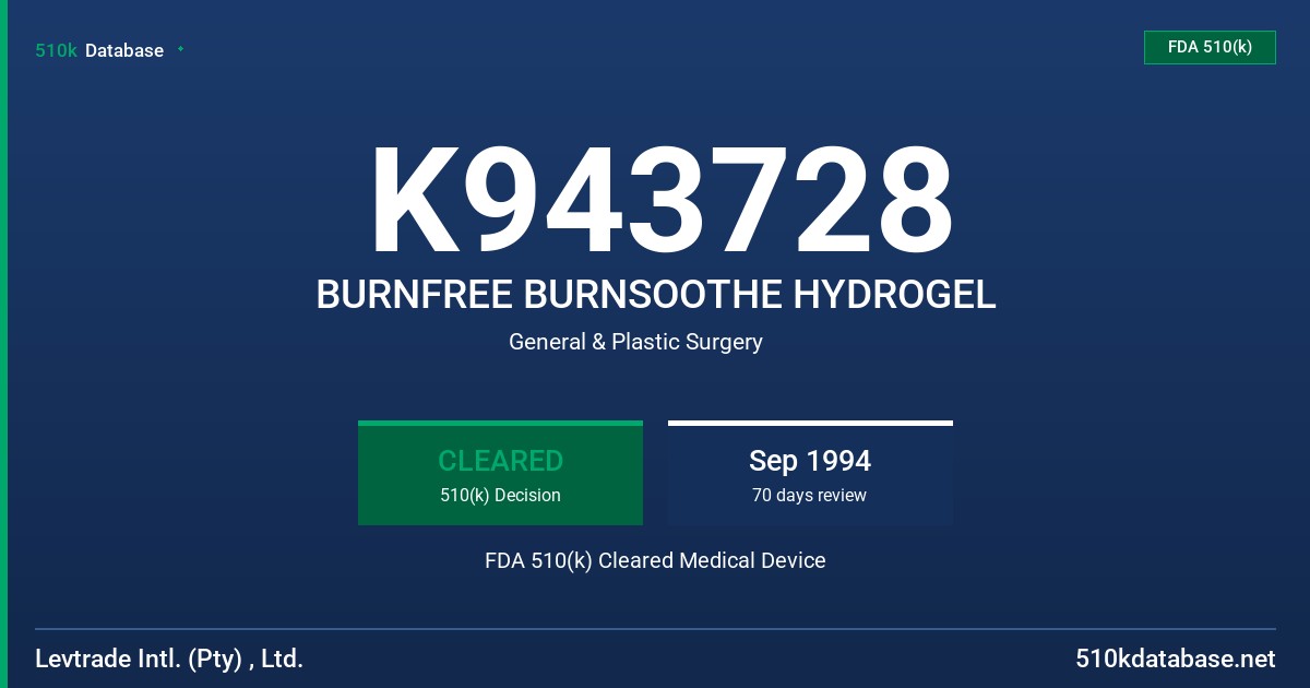 K943728 BURNFREE BURNSOOTHE HYDROGEL FDA 510(k) Cleared Medical Device