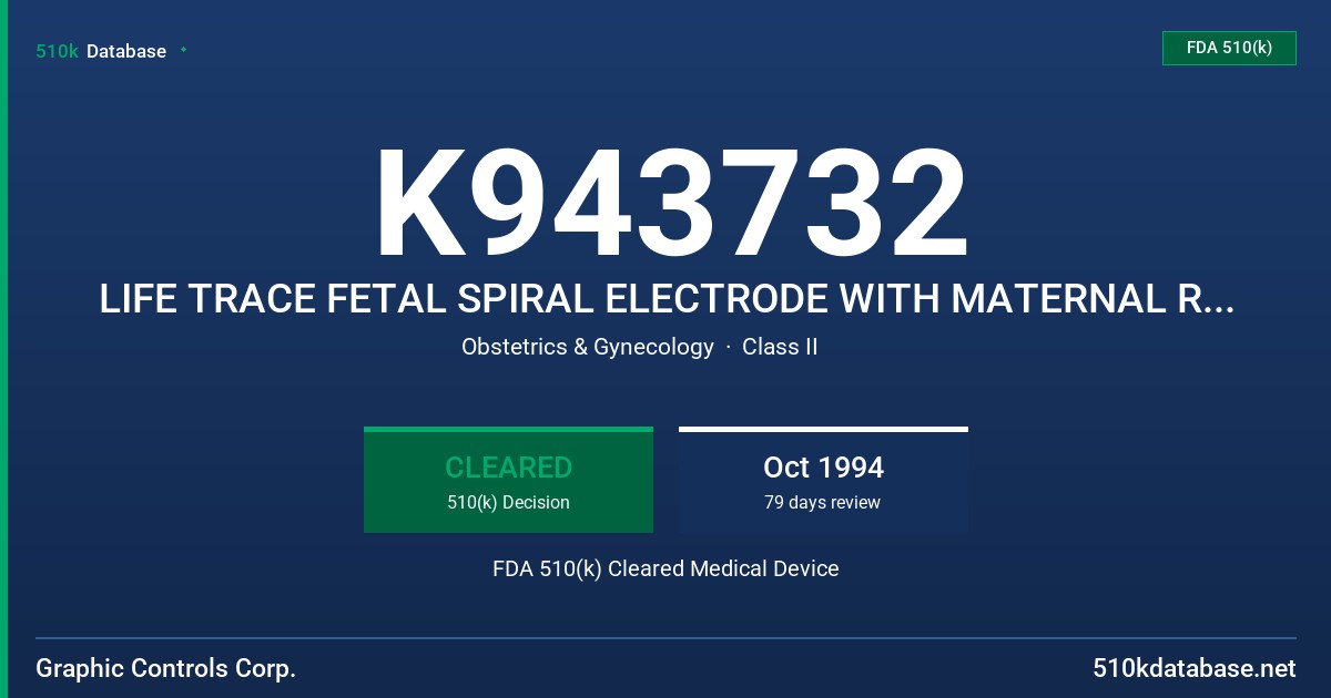 K943732 LIFE TRACE FETAL SPIRAL ELECTRODE WITH MATERNAL REFERENCE FDA 510(k) Cleared Medical Device