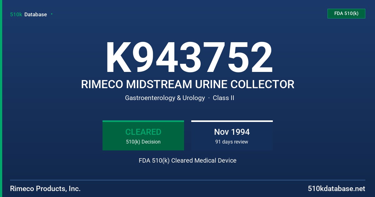 K943752 RIMECO MIDSTREAM URINE COLLECTOR FDA 510(k) Cleared Medical Device