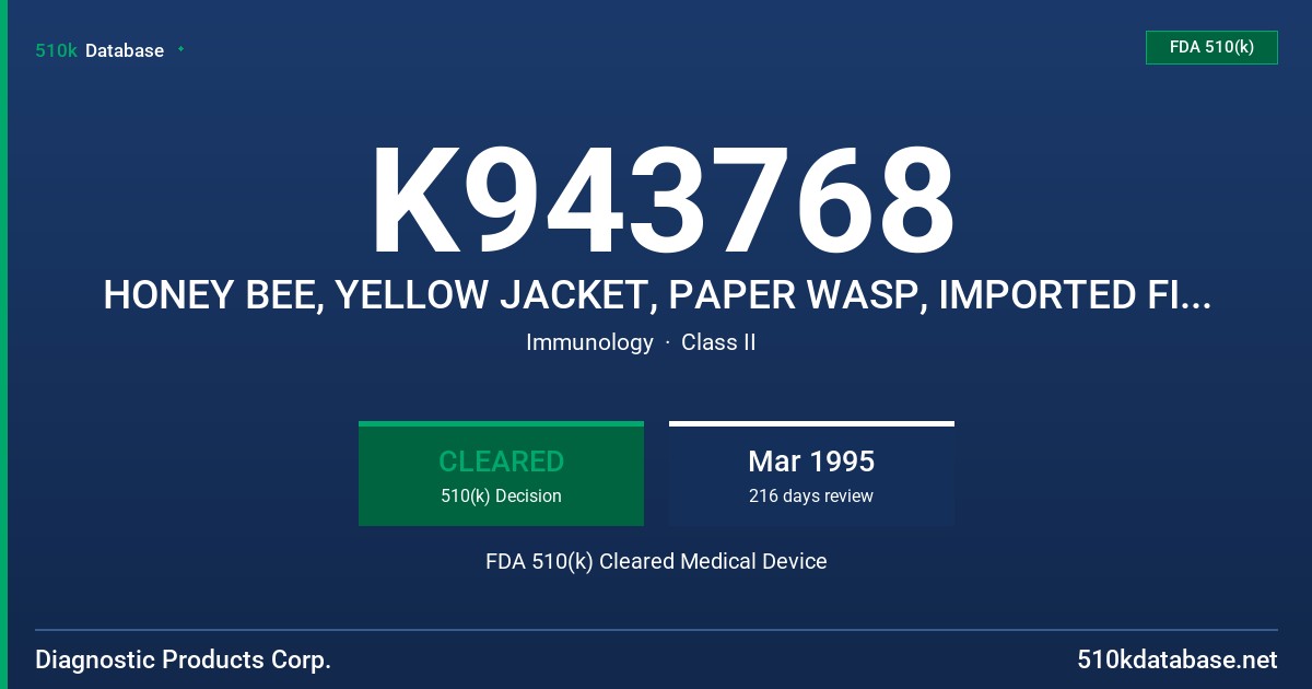K943768 HONEY BEE, YELLOW JACKET, PAPER WASP, IMPORTED FIRE ANT FDA 510(k) Cleared Medical Device