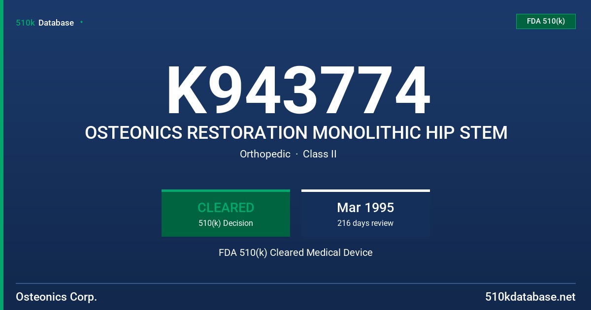 K943774 OSTEONICS RESTORATION MONOLITHIC HIP STEM FDA 510(k) Cleared Medical Device