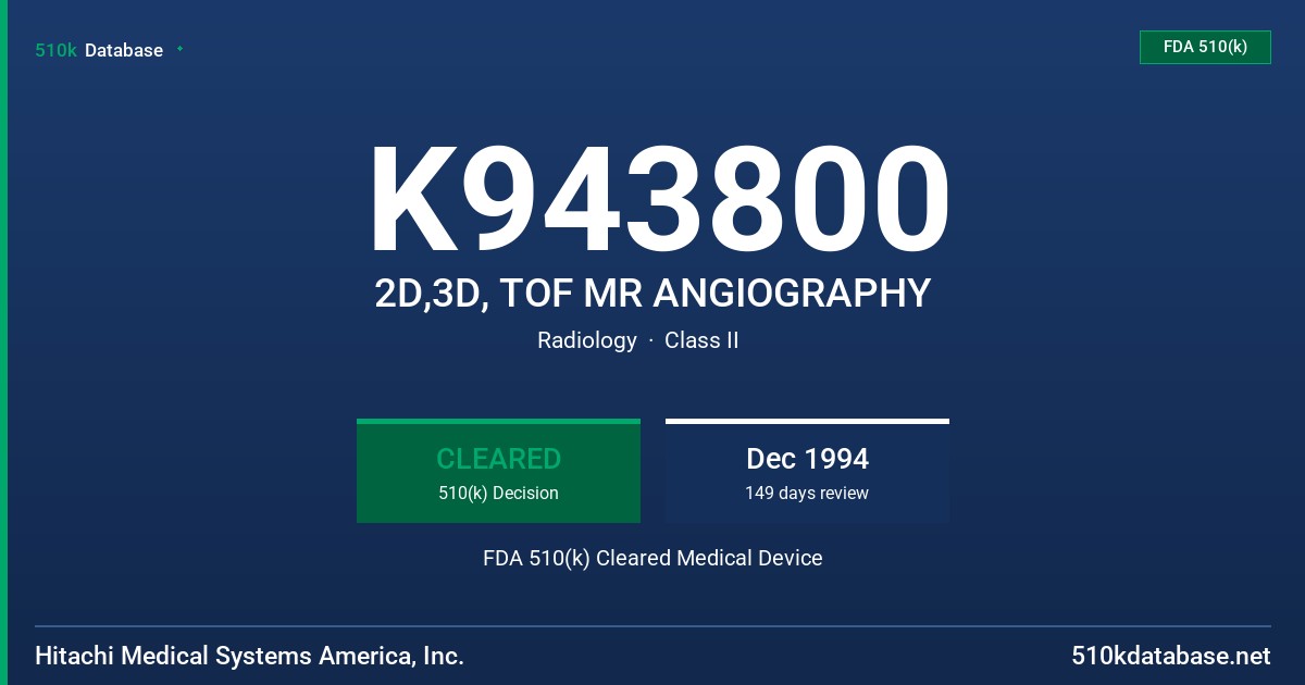 K943800 2D,3D, TOF MR ANGIOGRAPHY FDA 510(k) Cleared Medical Device