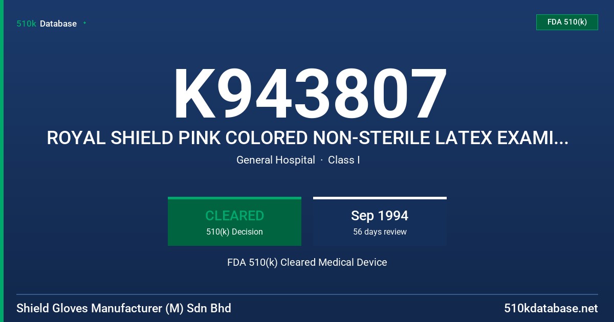K943807 ROYAL SHIELD PINK COLORED NON-STERILE LATEX EXAMINATION GLOVE FDA 510(k) Cleared Medical Device