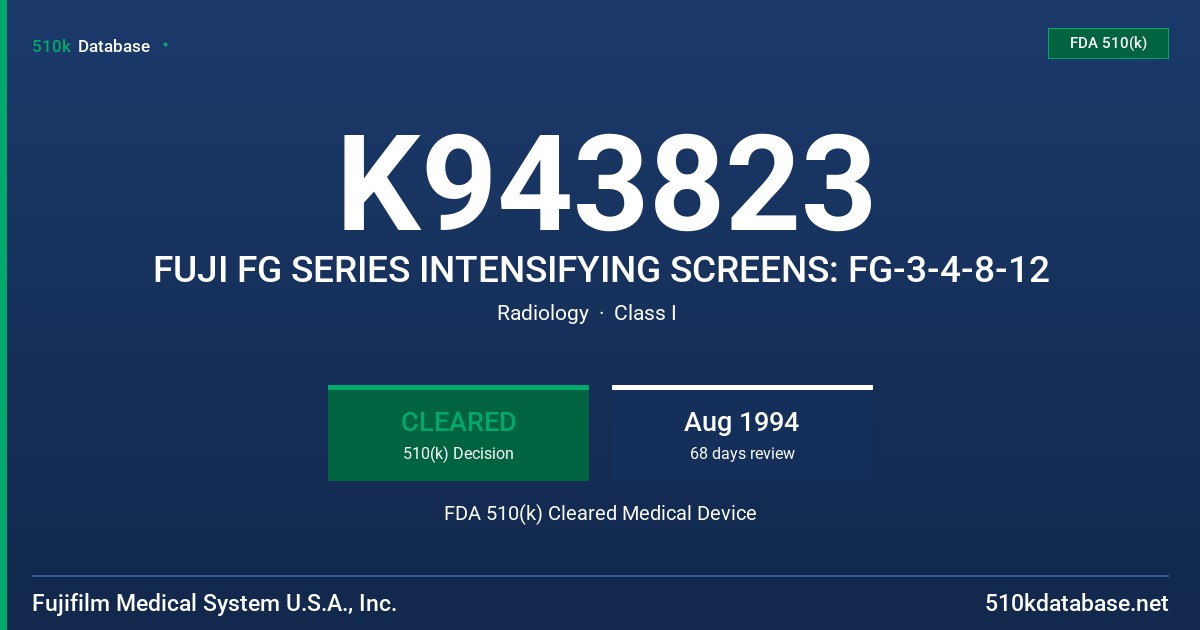 K943823 FUJI FG SERIES INTENSIFYING SCREENS: FG-3-4-8-12 FDA 510(k) Cleared Medical Device