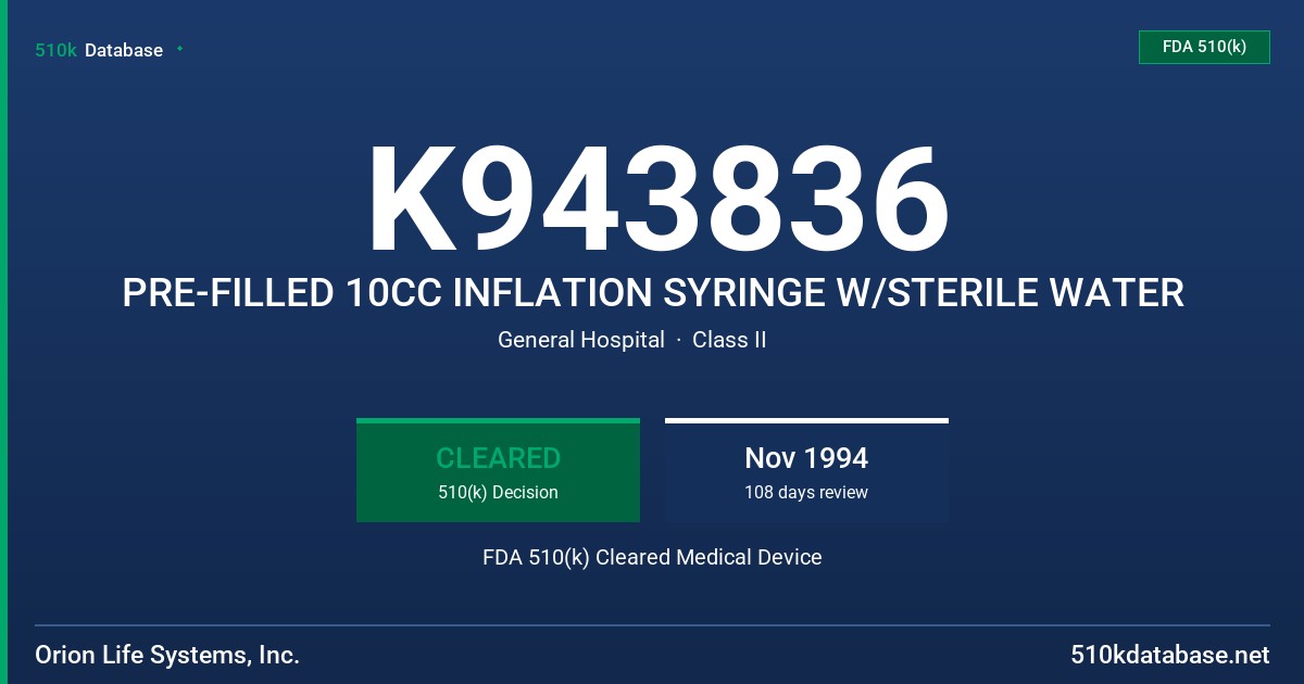 K943836 PRE-FILLED 10CC INFLATION SYRINGE W/STERILE WATER FDA 510(k) Cleared Medical Device