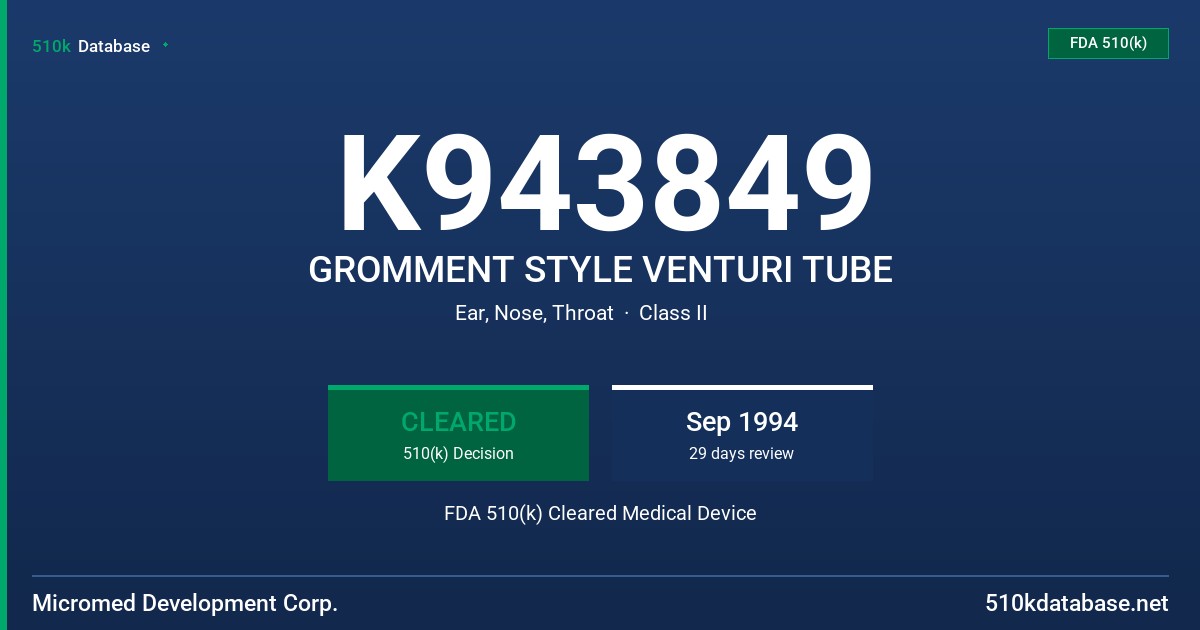 K943849 GROMMENT STYLE VENTURI TUBE FDA 510(k) Cleared Medical Device
