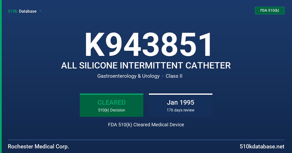 K943851 ALL SILICONE INTERMITTENT CATHETER FDA 510(k) Cleared Medical Device