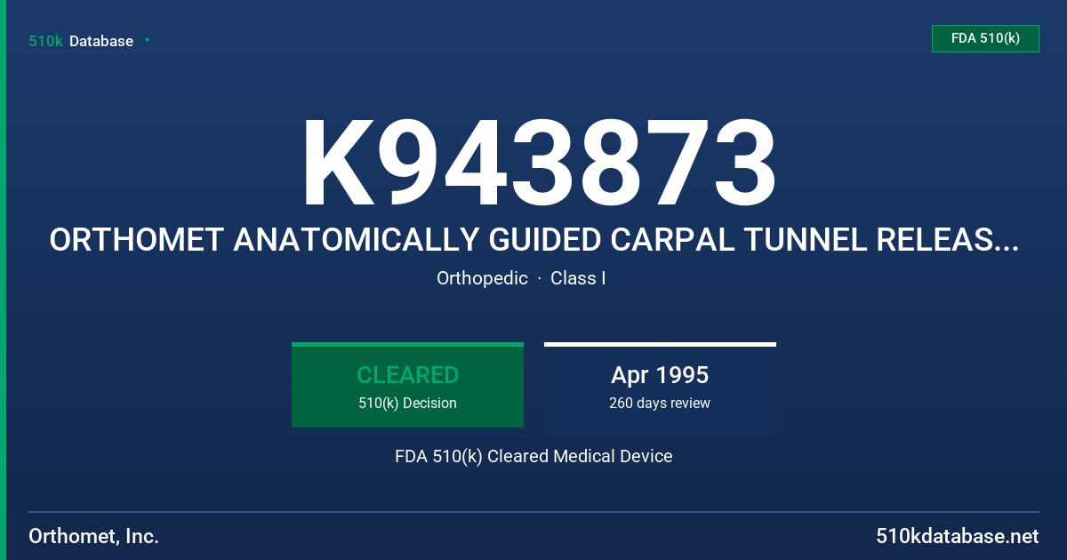 K943873 ORTHOMET ANATOMICALLY GUIDED CARPAL TUNNEL RELEASE SY FDA 510(k) Cleared Medical Device