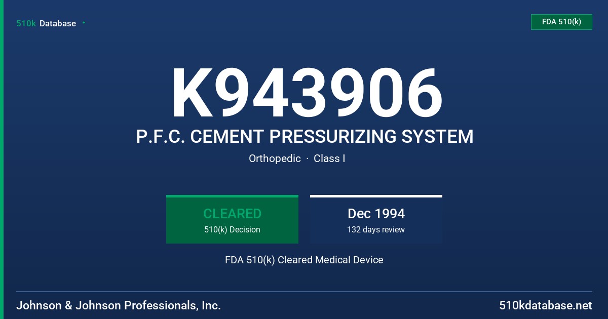 K943906 P.F.C. CEMENT PRESSURIZING SYSTEM FDA 510(k) Cleared Medical Device
