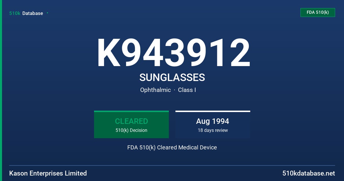 K943912 SUNGLASSES FDA 510(k) Cleared Medical Device