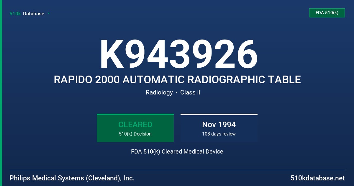 K943926 RAPIDO 2000 AUTOMATIC RADIOGRAPHIC TABLE FDA 510(k) Cleared Medical Device
