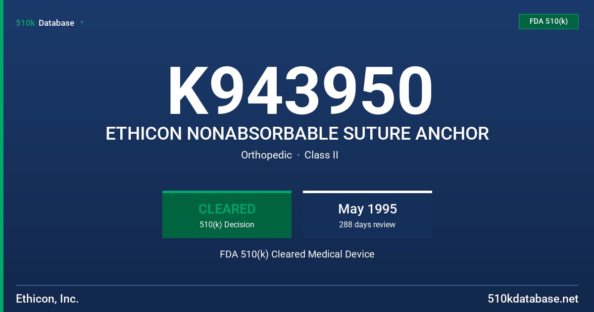 K943950 ETHICON NONABSORBABLE SUTURE ANCHOR FDA 510(k) Cleared Medical Device