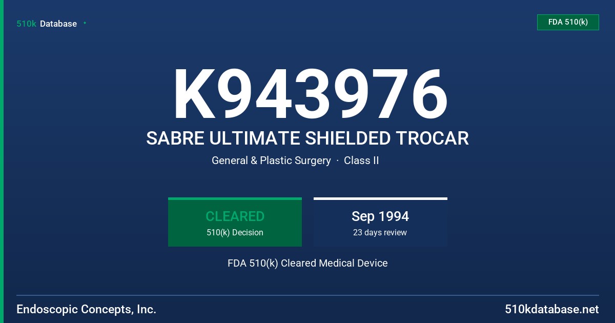 K943976 SABRE ULTIMATE SHIELDED TROCAR FDA 510(k) Cleared Medical Device