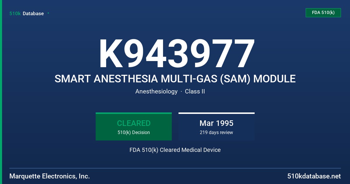 K943977 SMART ANESTHESIA MULTI-GAS (SAM) MODULE FDA 510(k) Cleared Medical Device