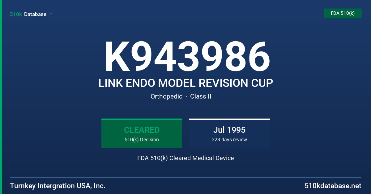 K943986 LINK ENDO MODEL REVISION CUP FDA 510(k) Cleared Medical Device