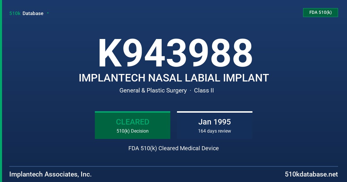 K943988 IMPLANTECH NASAL LABIAL IMPLANT FDA 510(k) Cleared Medical Device