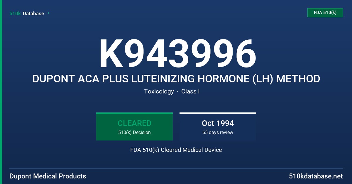 K943996 DUPONT ACA PLUS LUTEINIZING HORMONE (LH) METHOD FDA 510(k) Cleared Medical Device