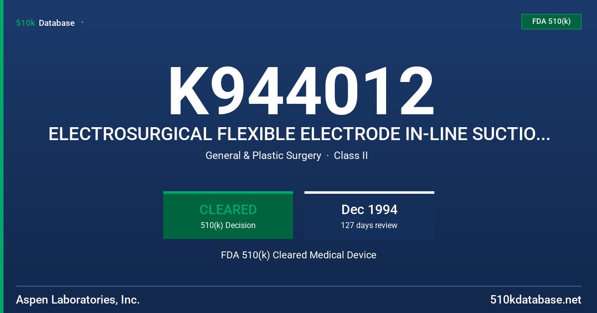 K944012 ELECTROSURGICAL FLEXIBLE ELECTRODE IN-LINE SUCTION COAGULATOR FDA 510(k) Cleared Medical Device