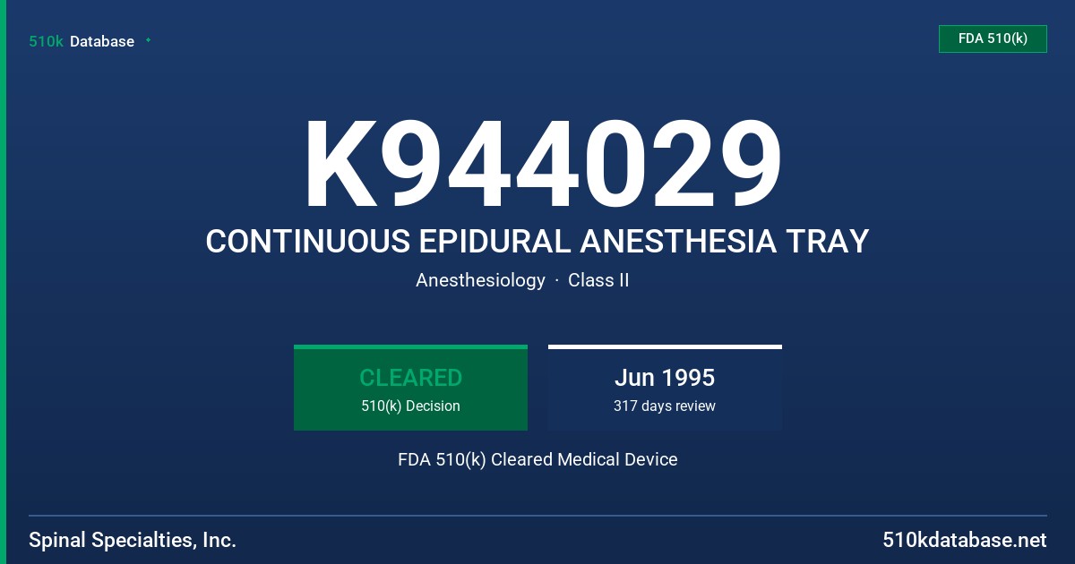 K944029 CONTINUOUS EPIDURAL ANESTHESIA TRAY FDA 510(k) Cleared Medical Device