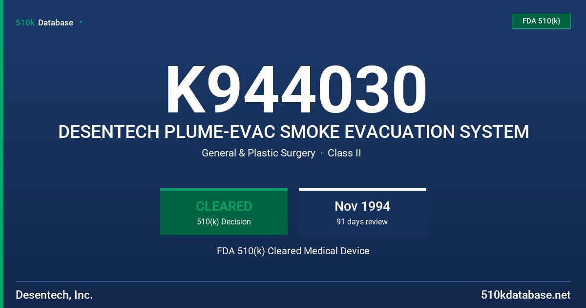 K944030 DESENTECH PLUME-EVAC SMOKE EVACUATION SYSTEM FDA 510(k) Cleared Medical Device