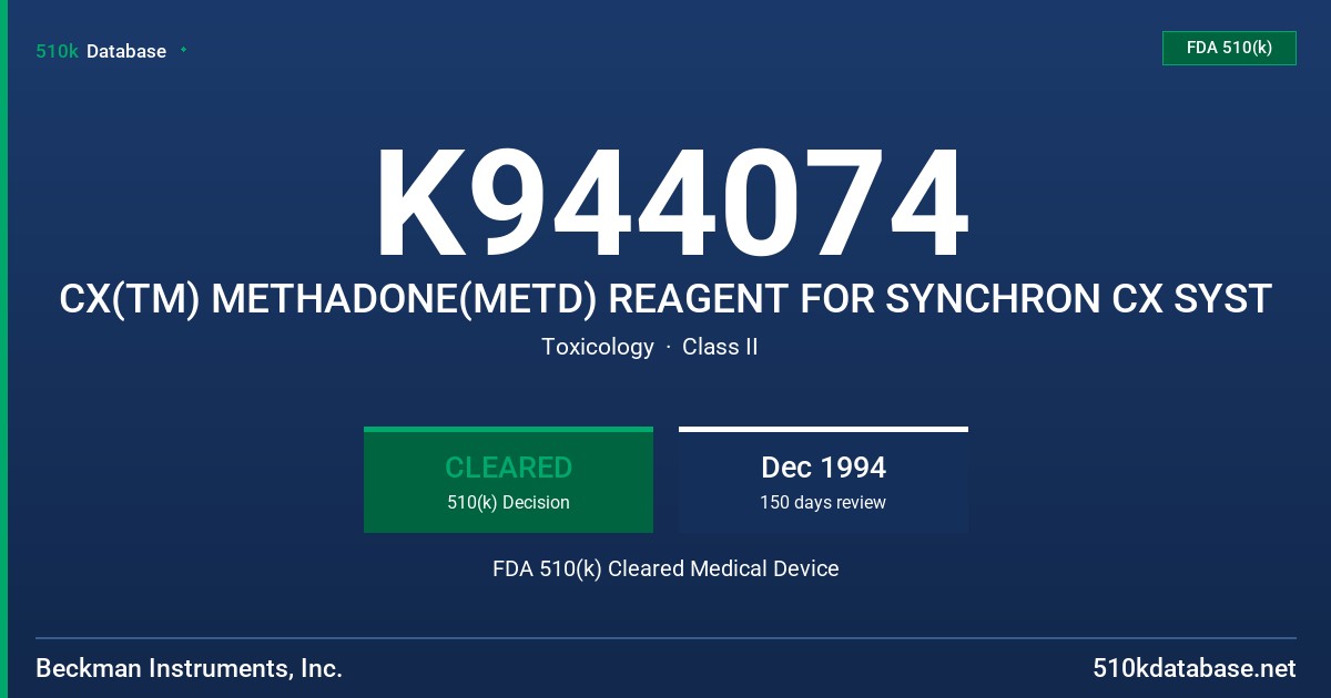 K944074 CX(TM) METHADONE(METD) REAGENT FOR SYNCHRON CX SYST FDA 510(k) Cleared Medical Device