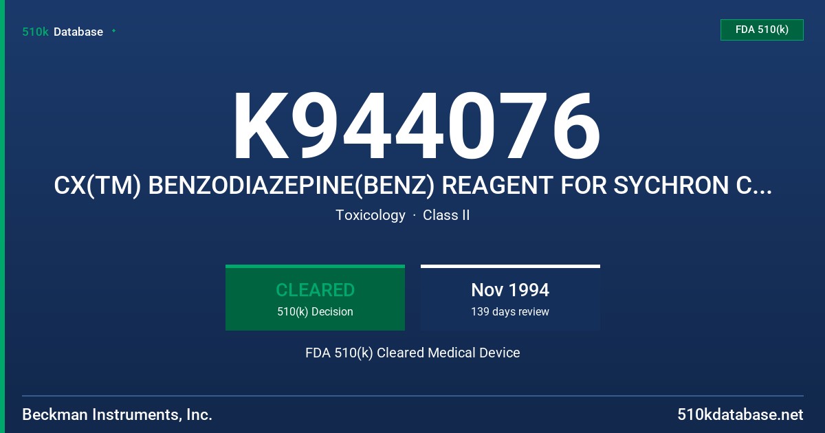K944076 CX(TM) BENZODIAZEPINE(BENZ) REAGENT FOR SYCHRON CX SYS FDA 510(k) Cleared Medical Device