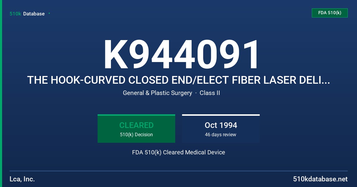 K944091 THE HOOK-CURVED CLOSED END/ELECT FIBER LASER DELIV SYS FDA 510(k) Cleared Medical Device