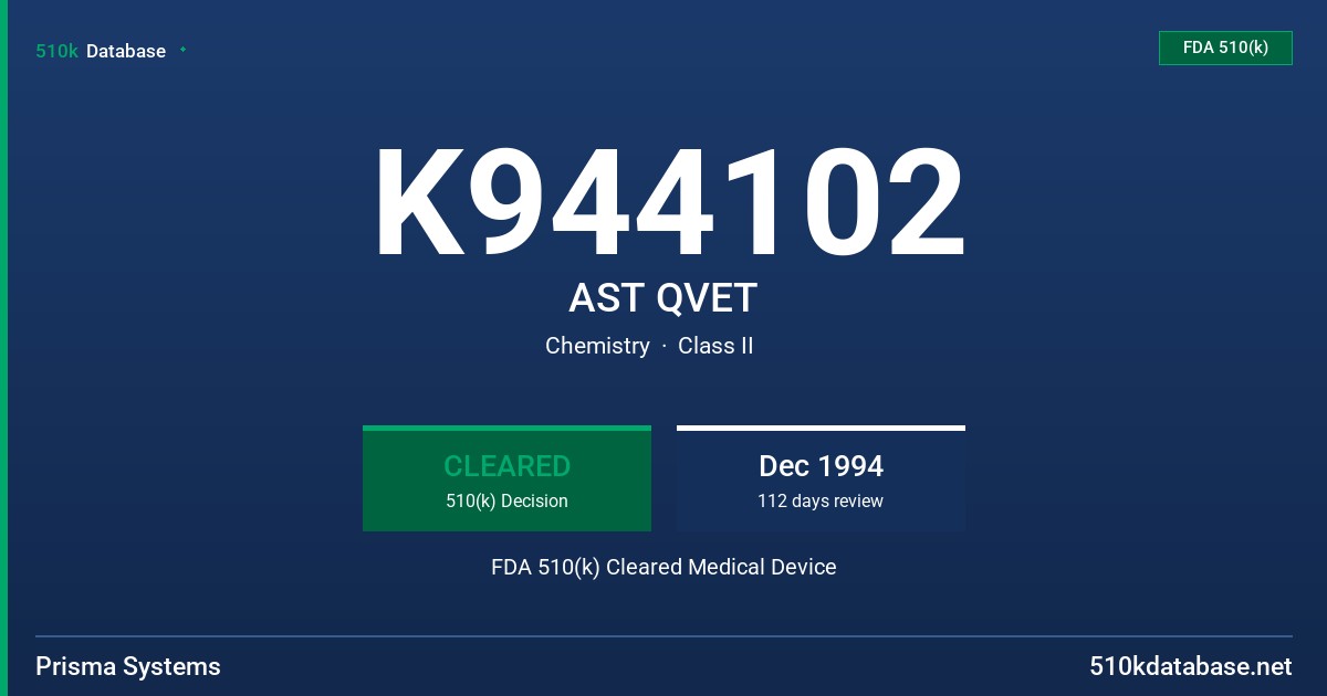 K944102 AST QVET FDA 510(k) Cleared Medical Device