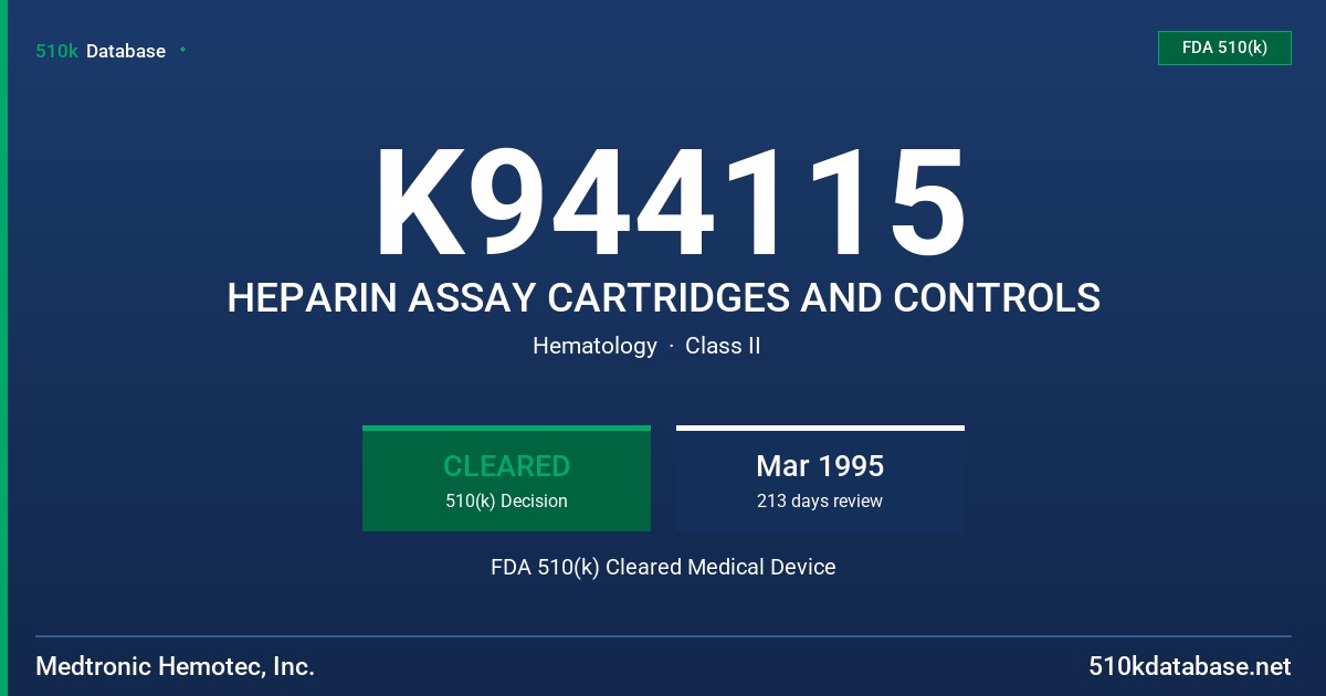 K944115 HEPARIN ASSAY CARTRIDGES AND CONTROLS FDA 510(k) Cleared Medical Device