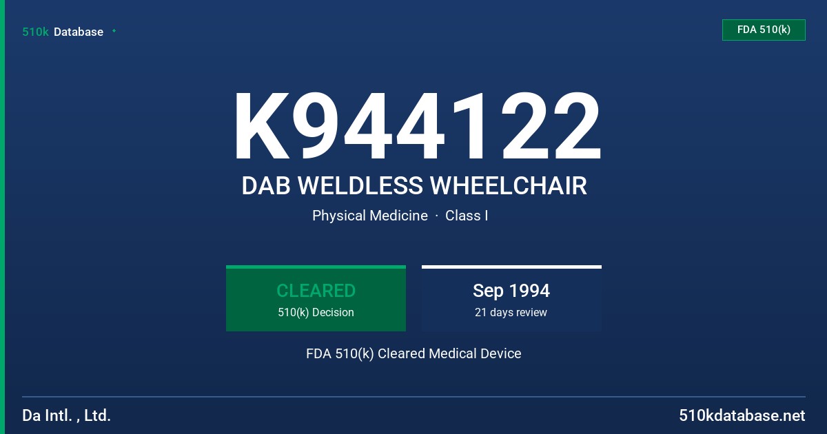 K944122 DAB WELDLESS WHEELCHAIR FDA 510(k) Cleared Medical Device